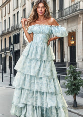 Jacqueline | Tiered Corset Light Blue Floral Long Formal Dress with Ruffles - Price #price_variant_lowest# - Light Blue Floral - PromDressClub